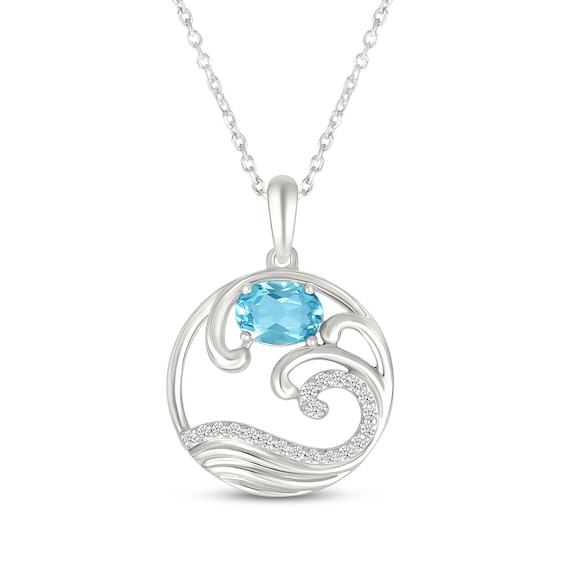 Oval-Cut Swiss Blue Topaz & White Lab-Created Sapphire Wave Necklace Sterling Silver 18"
