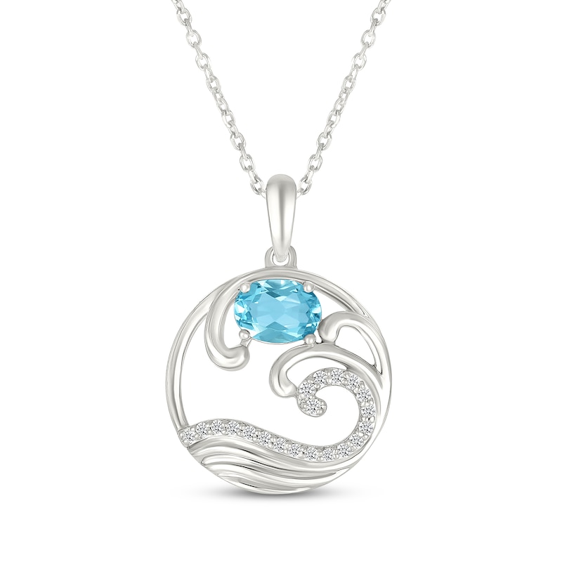 Main Image 1 of Oval-Cut Swiss Blue Topaz & White Lab-Created Sapphire Wave Necklace Sterling Silver 18"
