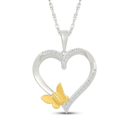 Diamond Butterfly & Heart Necklace 1/10 ct tw Sterling Silver & 10K Yellow Gold 18"