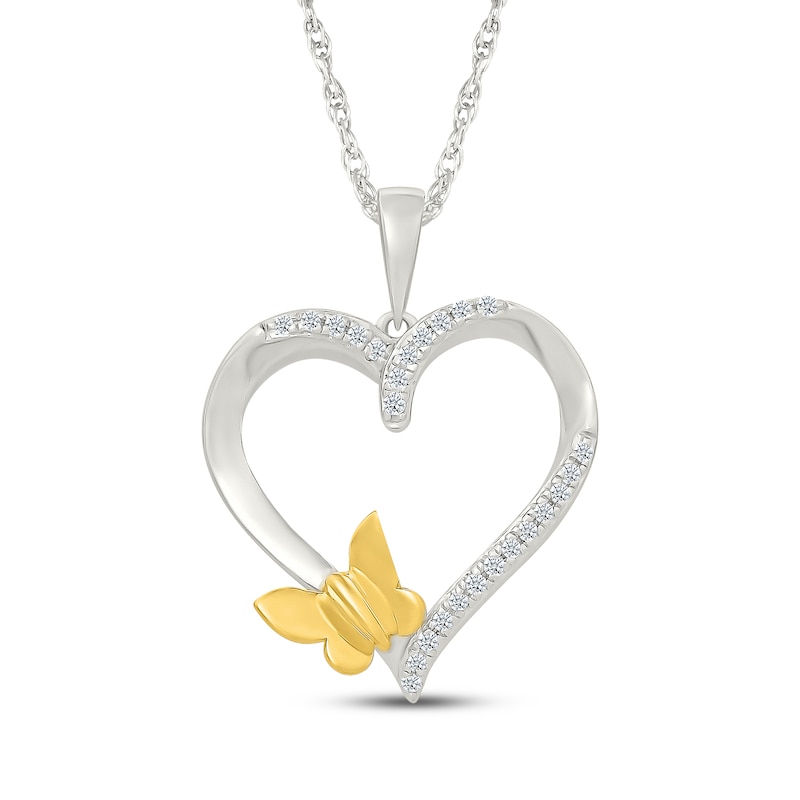 Main Image 1 of Diamond Butterfly & Heart Necklace 1/10 ct tw Sterling Silver & 10K Yellow Gold 18"