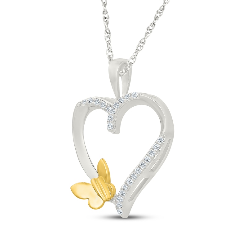 Main Image 2 of Diamond Butterfly & Heart Necklace 1/10 ct tw Sterling Silver & 10K Yellow Gold 18"