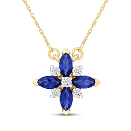 Marquise-Cut Blue & White Lab-Created Sapphire Flower Necklace 10K Yellow Gold 18"