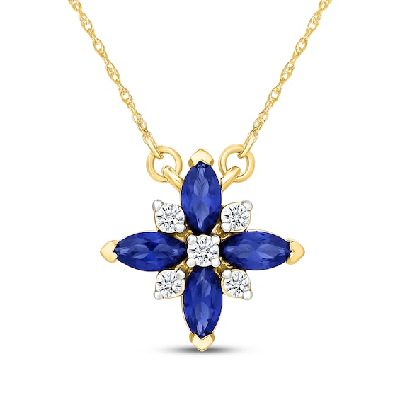Marquise-Cut Blue & White Lab-Created Sapphire Flower Necklace 10K Yellow Gold 18"