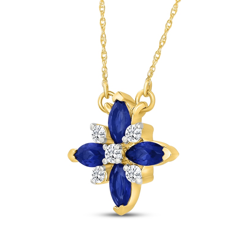 Main Image 2 of Marquise-Cut Blue & White Lab-Created Sapphire Flower Necklace 10K Yellow Gold 18"