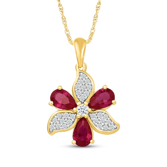Pear-Shaped Lab-Created Ruby & White Lab-Created Sapphire Flower Necklace 24K Yellow Gold Vermeil Sterling Silver 18"