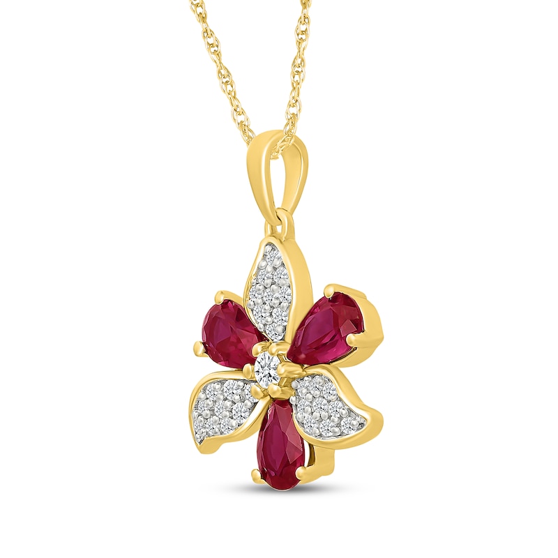 Main Image 2 of Pear-Shaped Lab-Created Ruby & White Lab-Created Sapphire Flower Necklace 24K Yellow Gold Vermeil Sterling Silver 18"