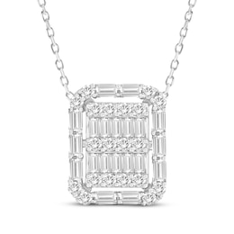 Round & Baguette-Cut Multi-Diamond Cushion Halo Necklace 1/2 ct tw 10K White Gold 18"