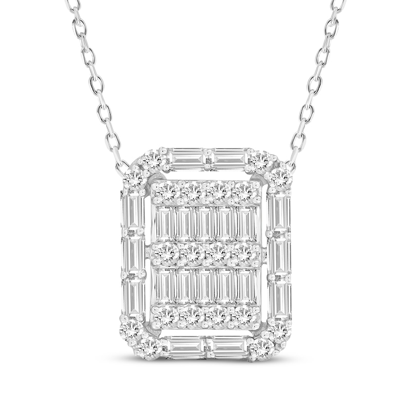 Main Image 1 of Round & Baguette-Cut Multi-Diamond Cushion Halo Necklace 1/2 ct tw 10K White Gold 18"