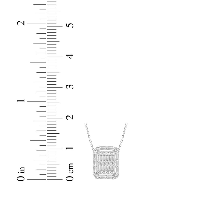 Main Image 3 of Round & Baguette-Cut Multi-Diamond Cushion Halo Necklace 1/2 ct tw 10K White Gold 18"