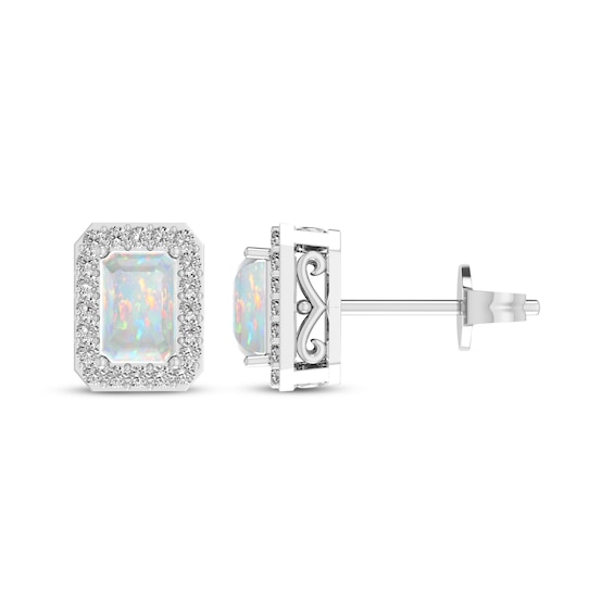 Octagon-Cut Lab-Created Opal & White Lab-Created Sapphire Stud Earrings Sterling Silver