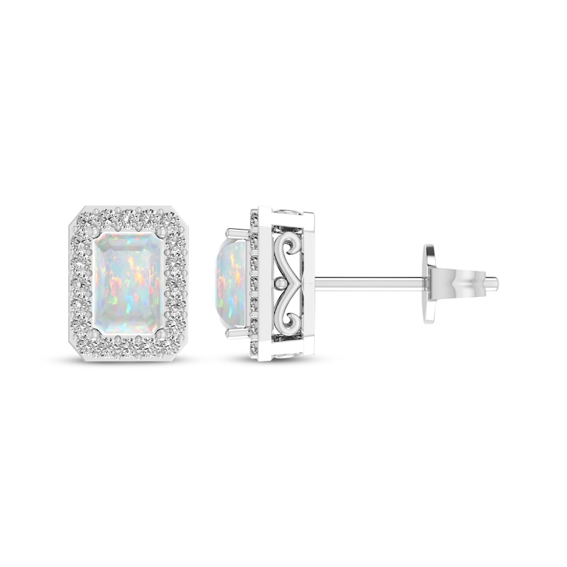 Main Image 1 of Octagon-Cut Lab-Created Opal & White Lab-Created Sapphire Stud Earrings Sterling Silver