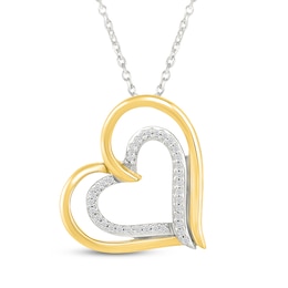 Diamond Double Tilted Heart Necklace 1/15 ct tw Sterling Silver & 10K Yellow Gold 18"