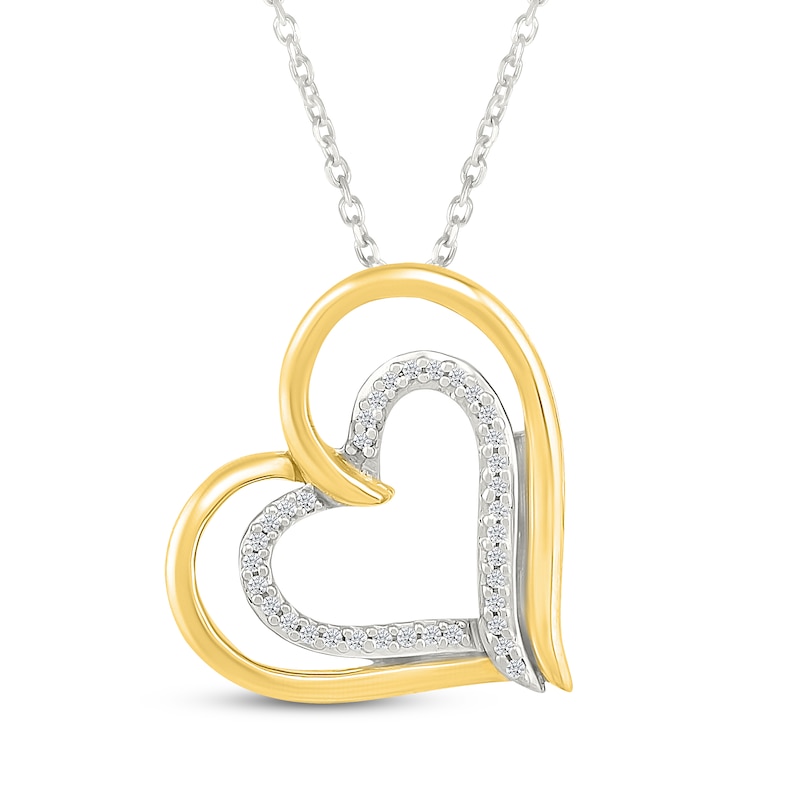 Main Image 1 of Diamond Double Tilted Heart Necklace 1/15 ct tw Sterling Silver & 10K Yellow Gold 18"
