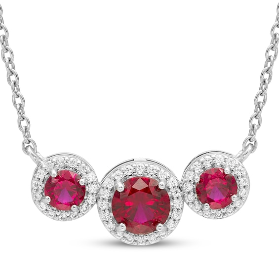 Memories Moments Magic Lab-Created Ruby & Diamond Three-Stone Necklace 1/8 ct tw Sterling Silver 18"