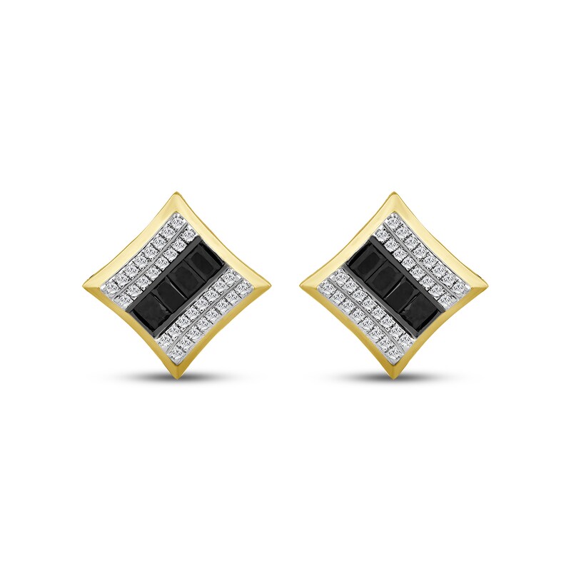 Main Image 2 of Men's Black & White Multi-Diamond Stud Earrings 1/2 ct tw 10K Yellow Gold
