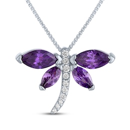 Marquise-Cut Amethyst & White Lab-Created Sapphire Dragonfly Necklace Sterling Silver 18"