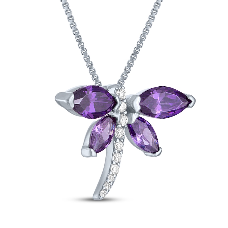 Main Image 2 of Marquise-Cut Amethyst & White Lab-Created Sapphire Dragonfly Necklace Sterling Silver 18"