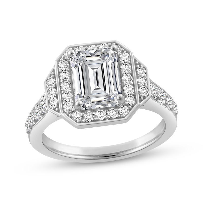 Main Image 1 of Adore Emerald-Cut Lab-Grown Diamond Halo Engagement Ring 2-3/4 ct tw 14K White Gold