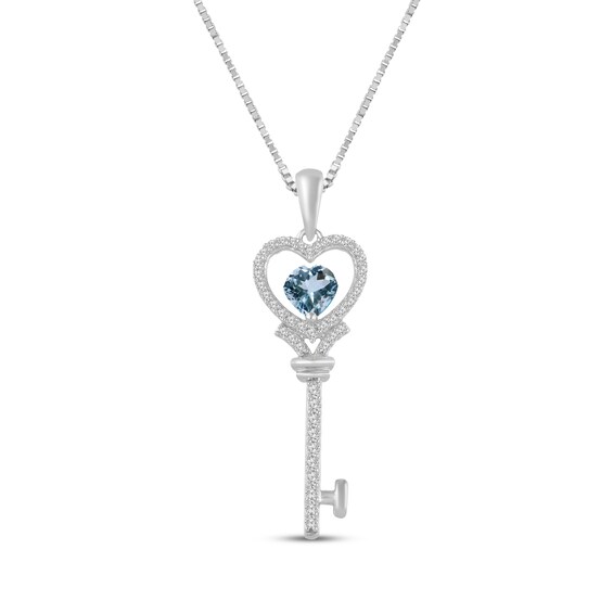 Heart-Shaped Aquamarine & White Lab-Created Sapphire Key Necklace Sterling Silver 18"