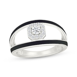 Diamond Octagon Halo & Black Enamel Split Fashion Ring 1/5 ct tw Sterling Silver