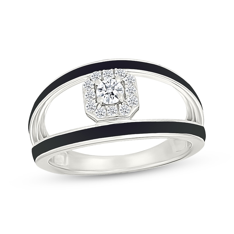 Main Image 1 of Diamond Octagon Halo & Black Enamel Split Fashion Ring 1/5 ct tw Sterling Silver