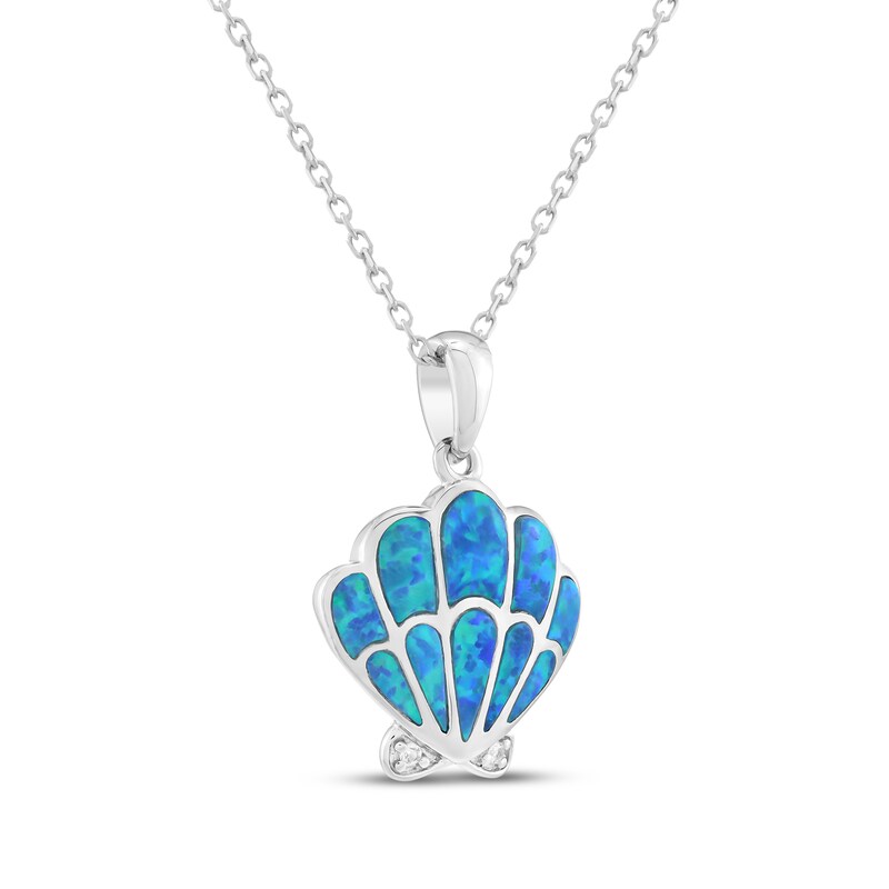Main Image 2 of Blue-Green Lab-Created Opal & White Lab-Created Sapphire Shell Necklace Sterling Silver 18"