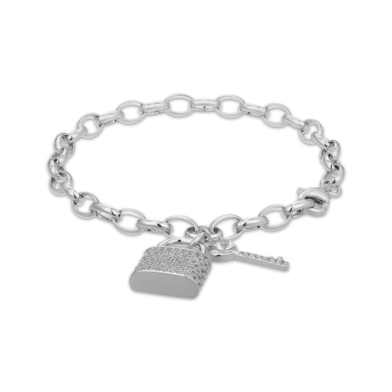 White Lab-Created Sapphire Lock & Key Bracelet Sterling Silver 7.25"