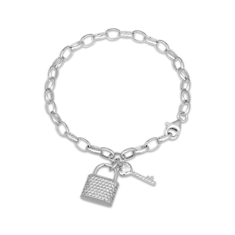 Main Image 2 of White Lab-Created Sapphire Lock & Key Bracelet Sterling Silver 7.25"