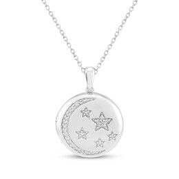 Diamond Crescent Moon & Stars Locket Necklace 1/8 ct tw Sterling Silver 18"