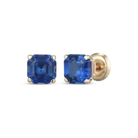 Men's Square Emerald-Cut Blue Lab-Created Sapphire Solitaire Stud Earrings 10K Yellow Gold