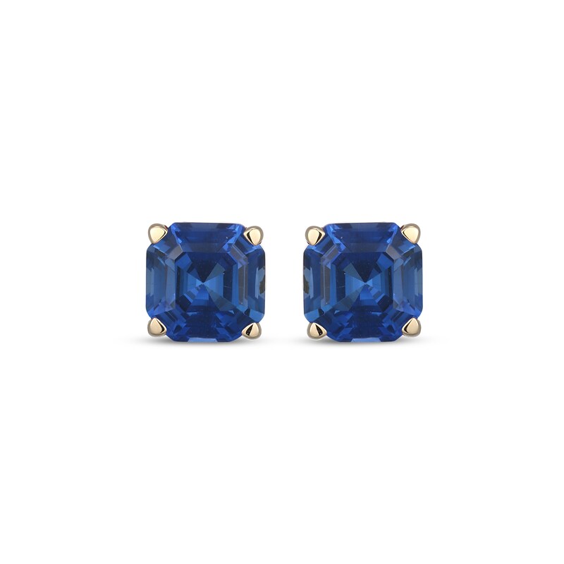 Main Image 2 of Men's Square Emerald-Cut Blue Lab-Created Sapphire Solitaire Stud Earrings 10K Yellow Gold