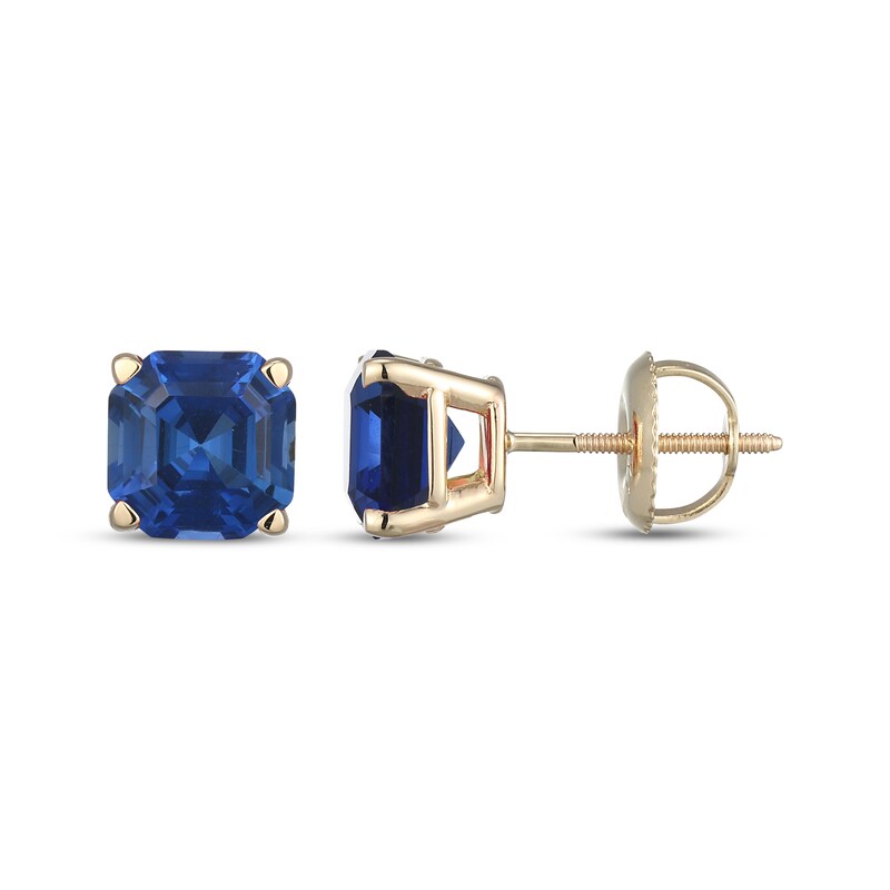 Main Image 3 of Men's Square Emerald-Cut Blue Lab-Created Sapphire Solitaire Stud Earrings 10K Yellow Gold