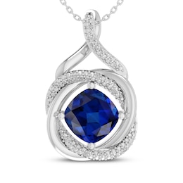 Cushion-Cut Blue Lab-Created Sapphire & Diamond Accent Swirl Frame Necklace Sterling Silver 18"