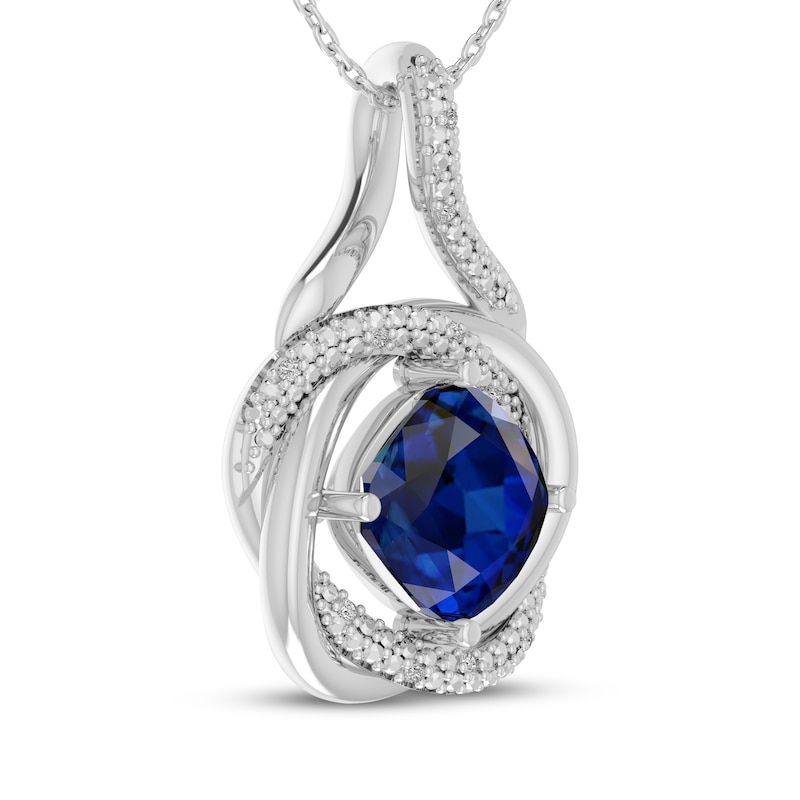 Main Image 2 of Cushion-Cut Blue Lab-Created Sapphire & Diamond Accent Swirl Frame Necklace Sterling Silver 18"