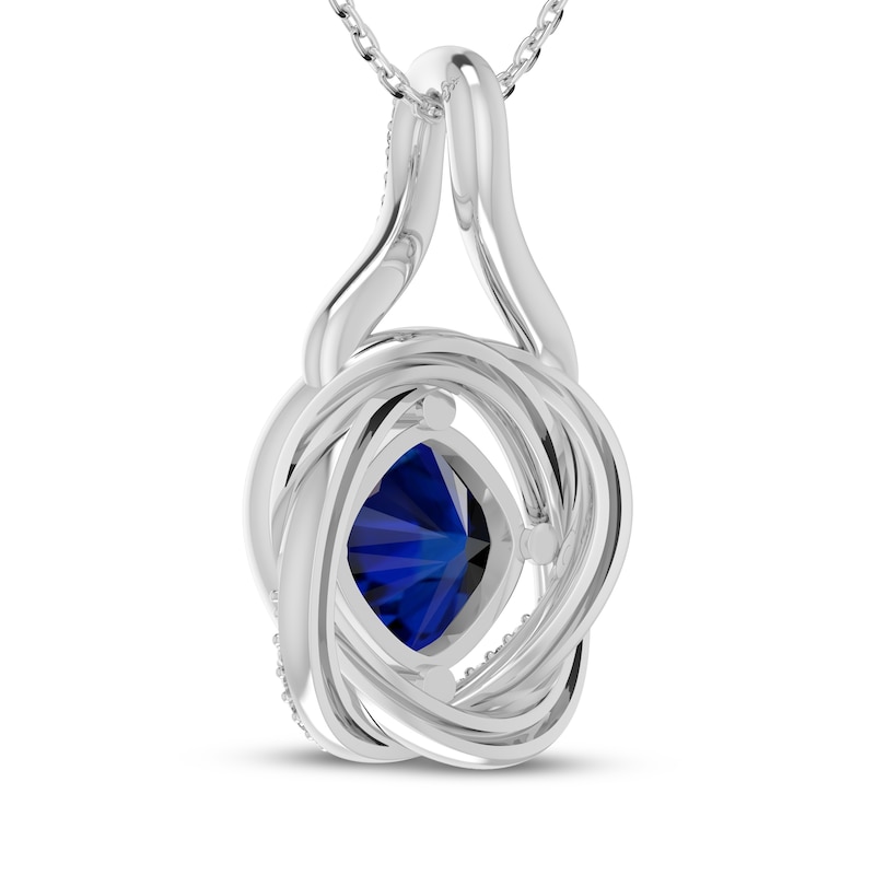 Main Image 3 of Cushion-Cut Blue Lab-Created Sapphire & Diamond Accent Swirl Frame Necklace Sterling Silver 18"