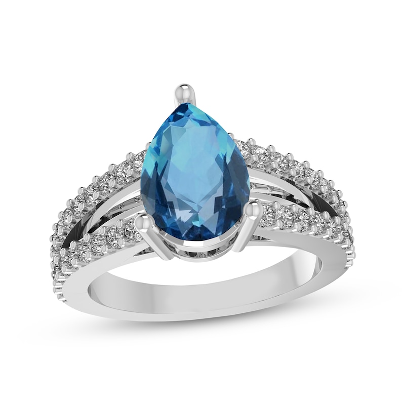 Main Image 1 of Pear-Shaped Swiss Blue Topaz & White Lab-Created Sapphire Ring Sterling Silver