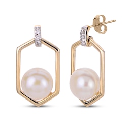 Cultured Pearl & Diamond Accent Hexagon Frame Drop Earrings 10K Yellow Gold