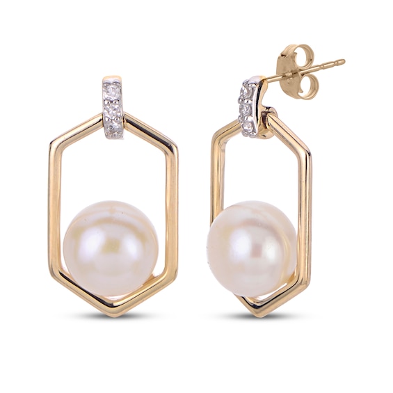 Cultured Pearl & Diamond Accent Hexagon Frame Drop Earrings 10K Yellow Gold