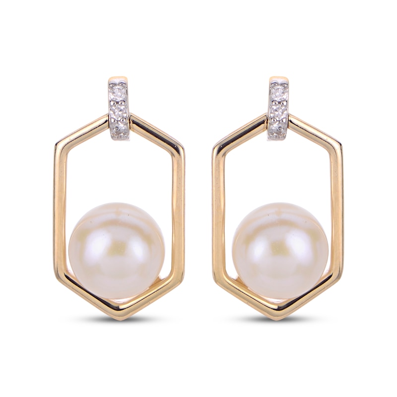 Main Image 2 of Cultured Pearl & Diamond Accent Hexagon Frame Drop Earrings 10K Yellow Gold