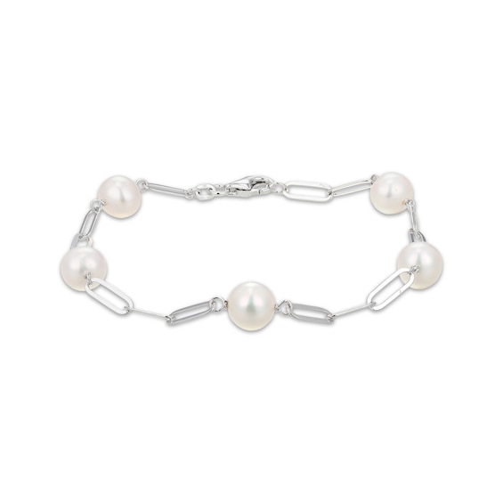 Cultured Pearl & Paperclip Chain Bracelet Sterling Silver 7.25"