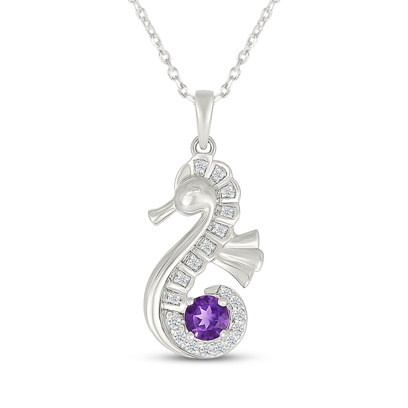 Main Image 1 of Amethyst & White Lab-Created Sapphire Seahorse Necklace Sterling Silver 18"