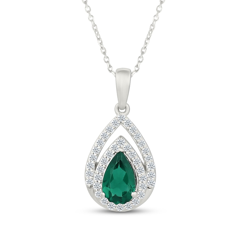 Main Image 1 of Pear-Shaped Lab-Created Emerald & White Lab-Created Sapphire Double Frame Necklace Sterling Silver 18"