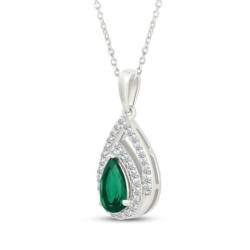 Main Image 2 of Pear-Shaped Lab-Created Emerald & White Lab-Created Sapphire Double Frame Necklace Sterling Silver 18"