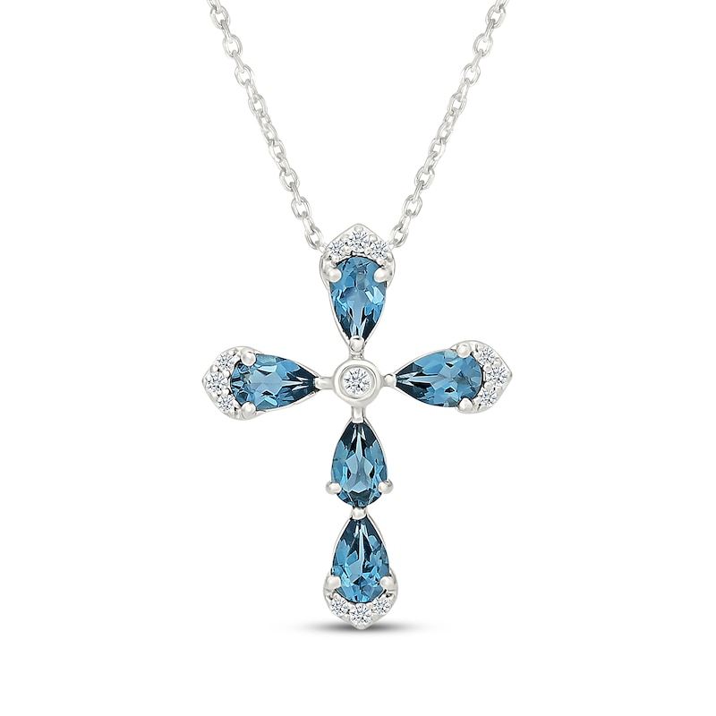 Main Image 1 of Pear-Shaped London Blue Topaz & Diamond Cross Necklace 1/15 ct tw Sterling Silver 18"