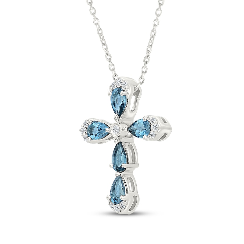 Main Image 2 of Pear-Shaped London Blue Topaz & Diamond Cross Necklace 1/15 ct tw Sterling Silver 18"