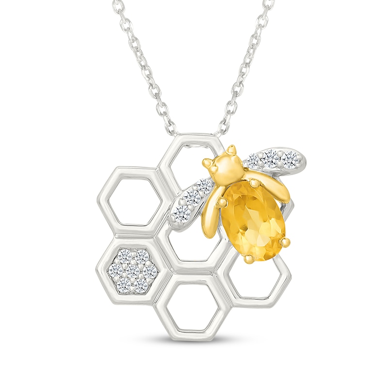Main Image 1 of Oval-Cut Citrine & White Lab-Created Sapphire Honeybee Necklace Sterling Silver & 10K Yellow Gold 18"