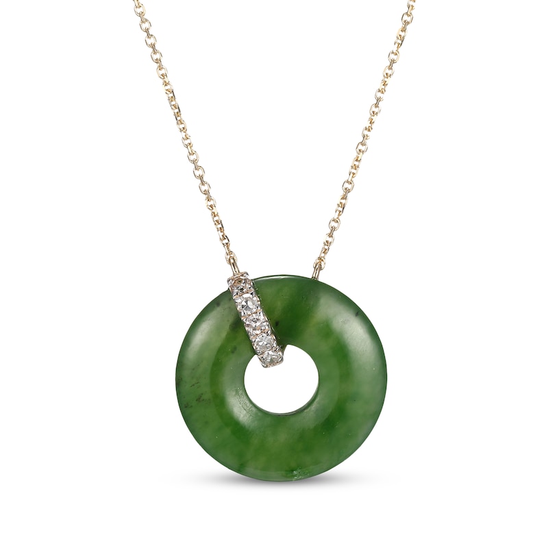 Main Image 1 of Nephrite Jade & Diamond Donut Necklace 1/15 ct tw 14K Yellow Gold 18"