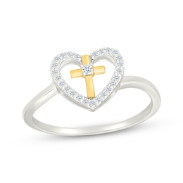 Diamond Heart & Cross Fashion Ring 1/8 Sterling Silver & 10K Yellow Gold
