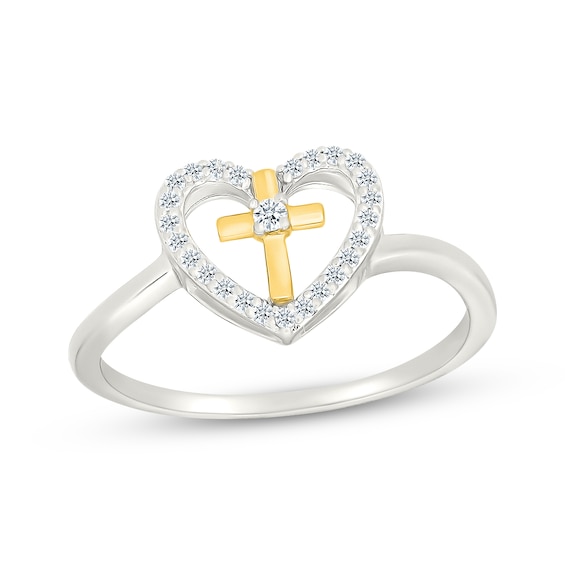 Diamond Heart & Cross Fashion Ring 1/8 Sterling Silver & 10K Yellow Gold