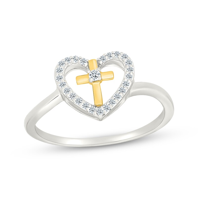 Main Image 1 of Diamond Heart & Cross Fashion Ring 1/8 Sterling Silver & 10K Yellow Gold